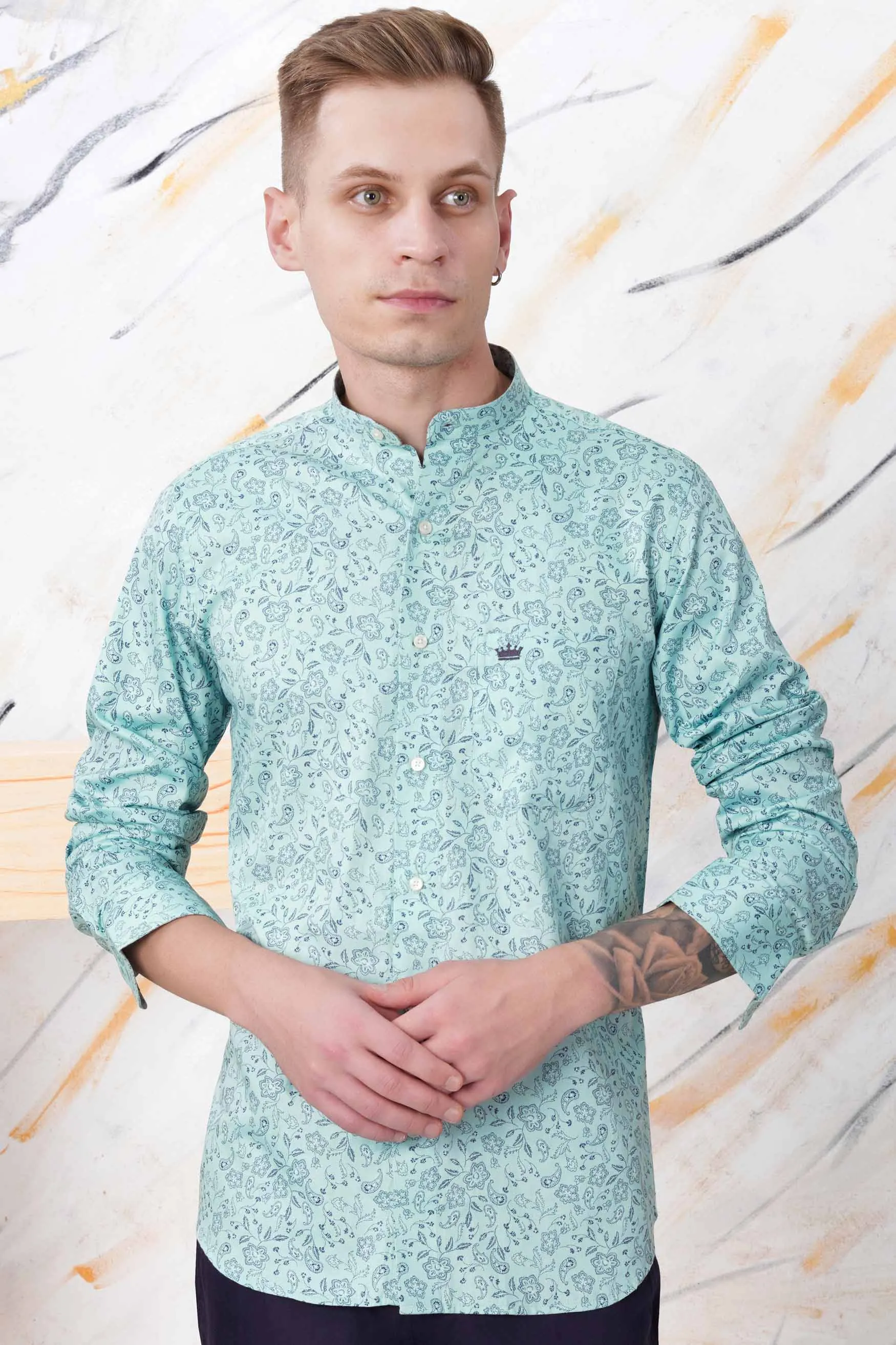 Aqua Blue Paisley Printed Subtle Sheen Super Soft Premium Cotton Shirt