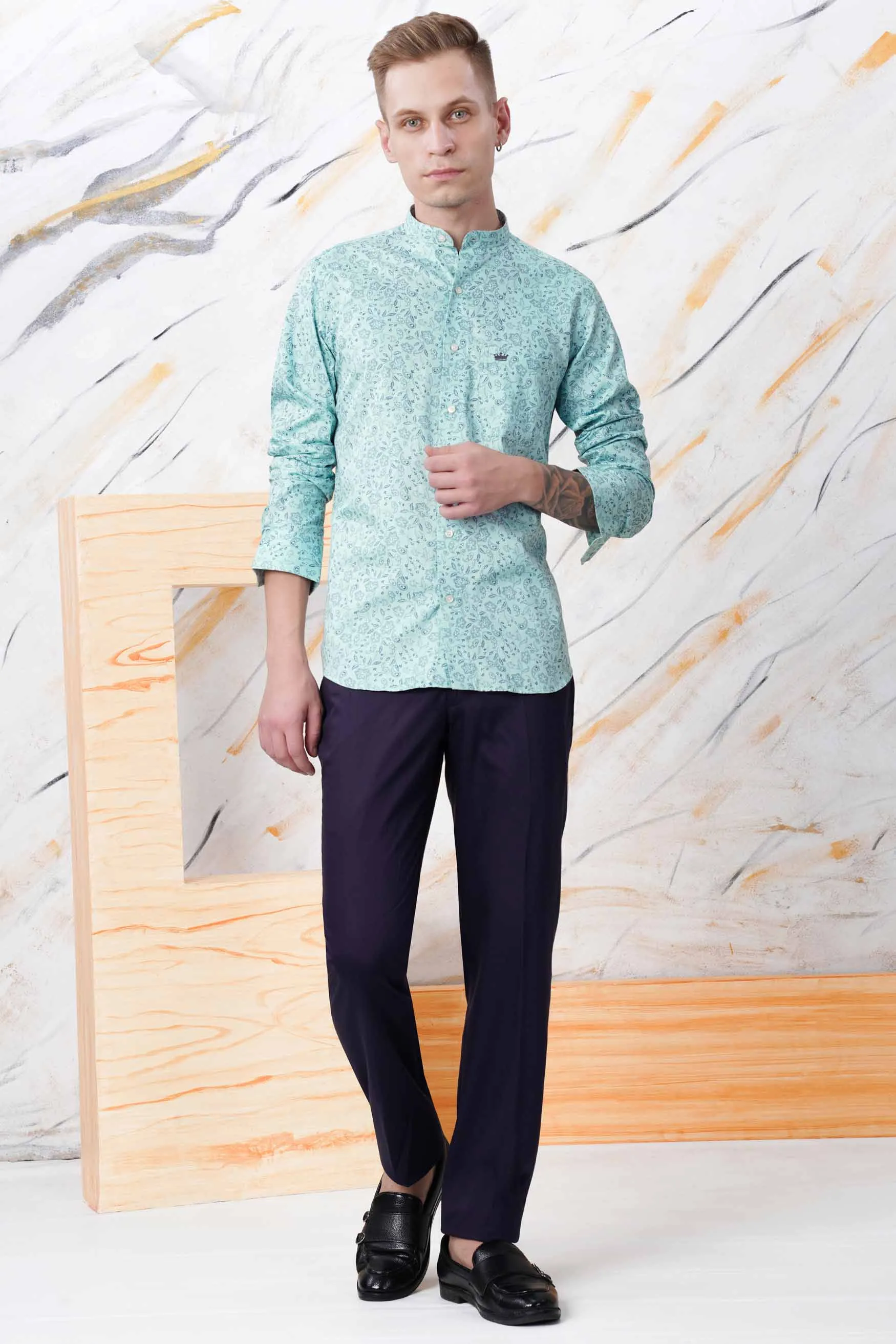 Aqua Blue Paisley Printed Subtle Sheen Super Soft Premium Cotton Shirt