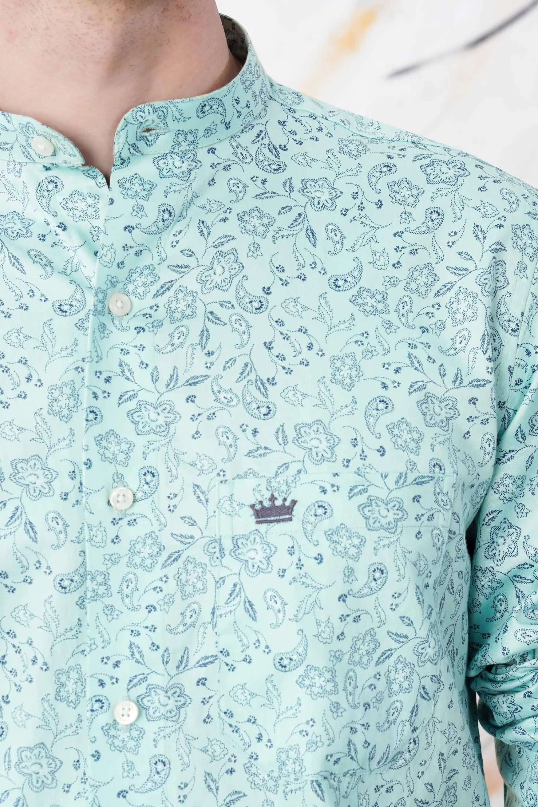 Aqua Blue Paisley Printed Subtle Sheen Super Soft Premium Cotton Shirt