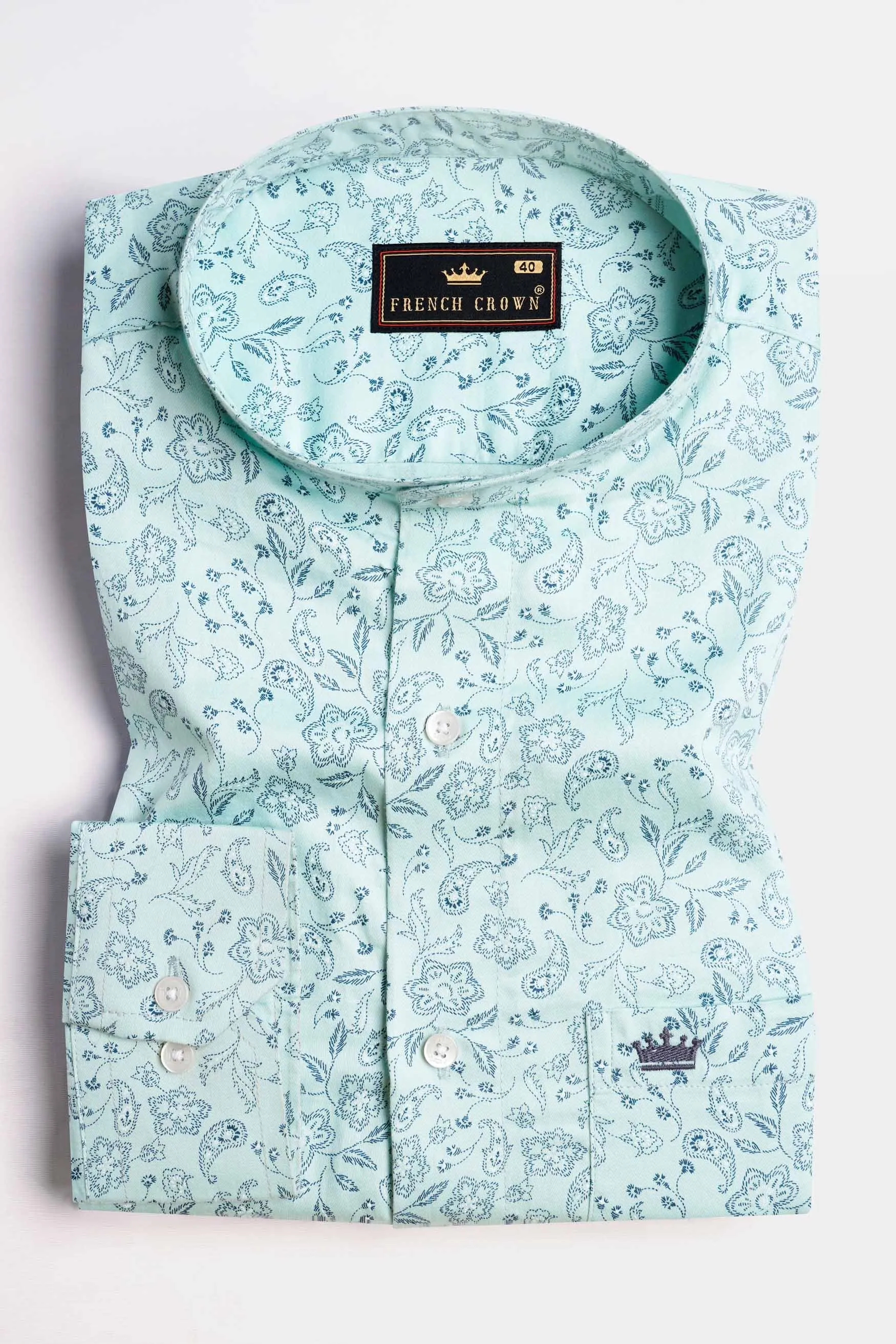 Aqua Blue Paisley Printed Subtle Sheen Super Soft Premium Cotton Shirt