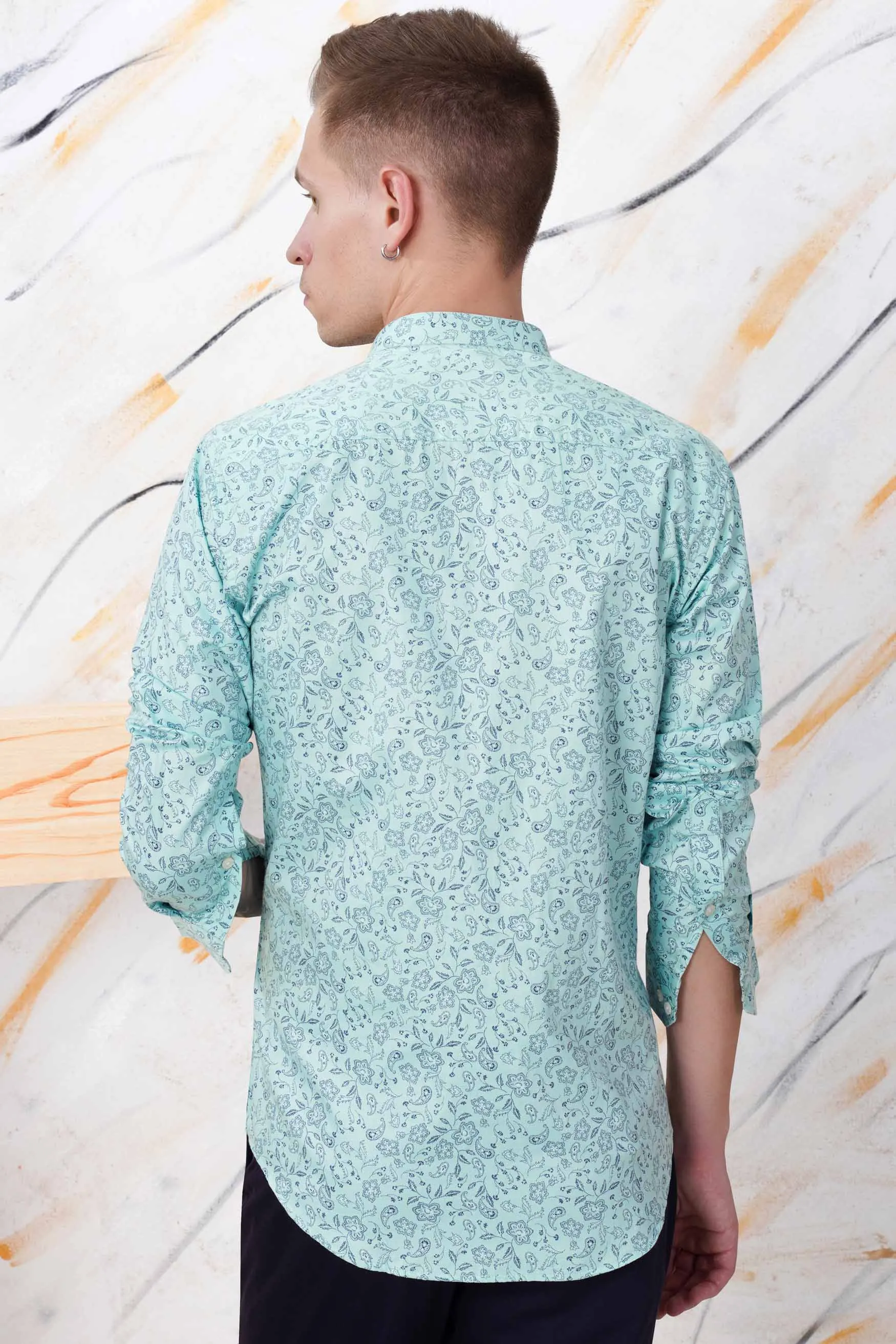 Aqua Blue Paisley Printed Subtle Sheen Super Soft Premium Cotton Shirt