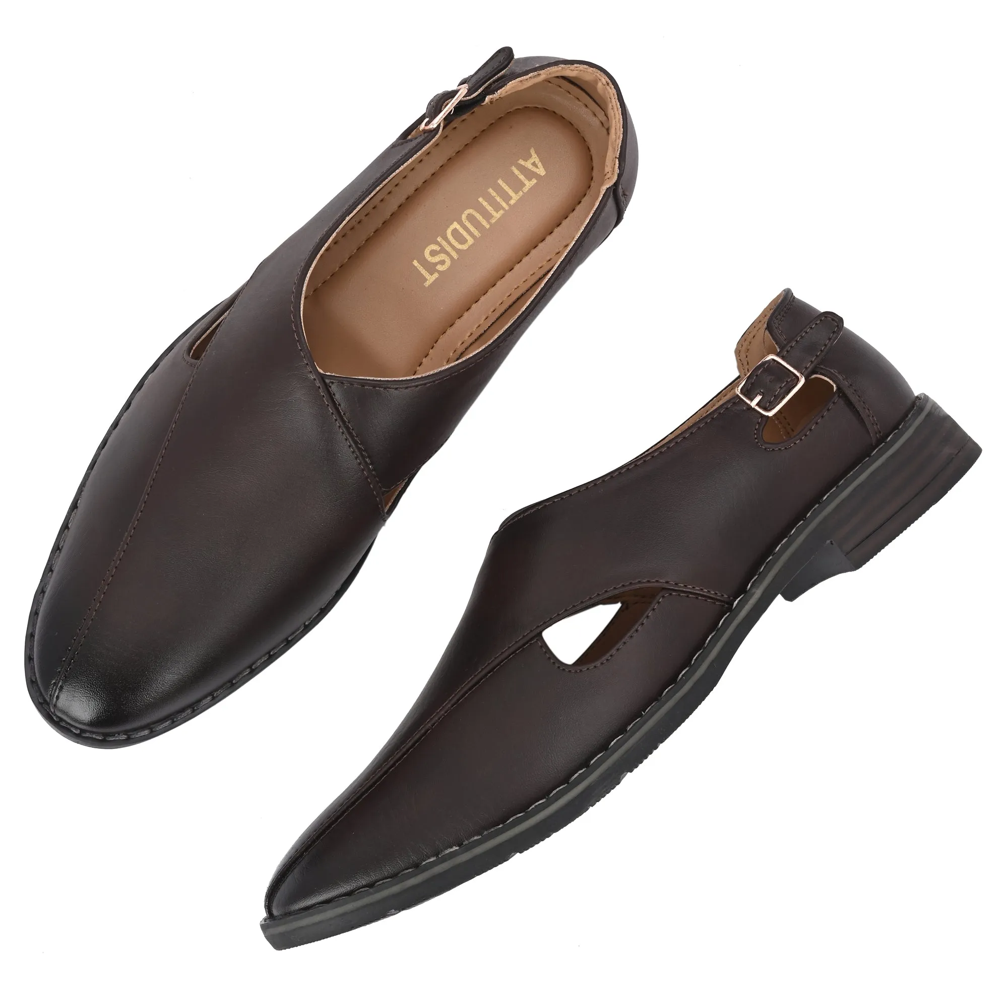 Attitudist Unisex Handcrafted Criss Cross Matte Brown Formal Loafer Peshawari Shoes With A Buckle