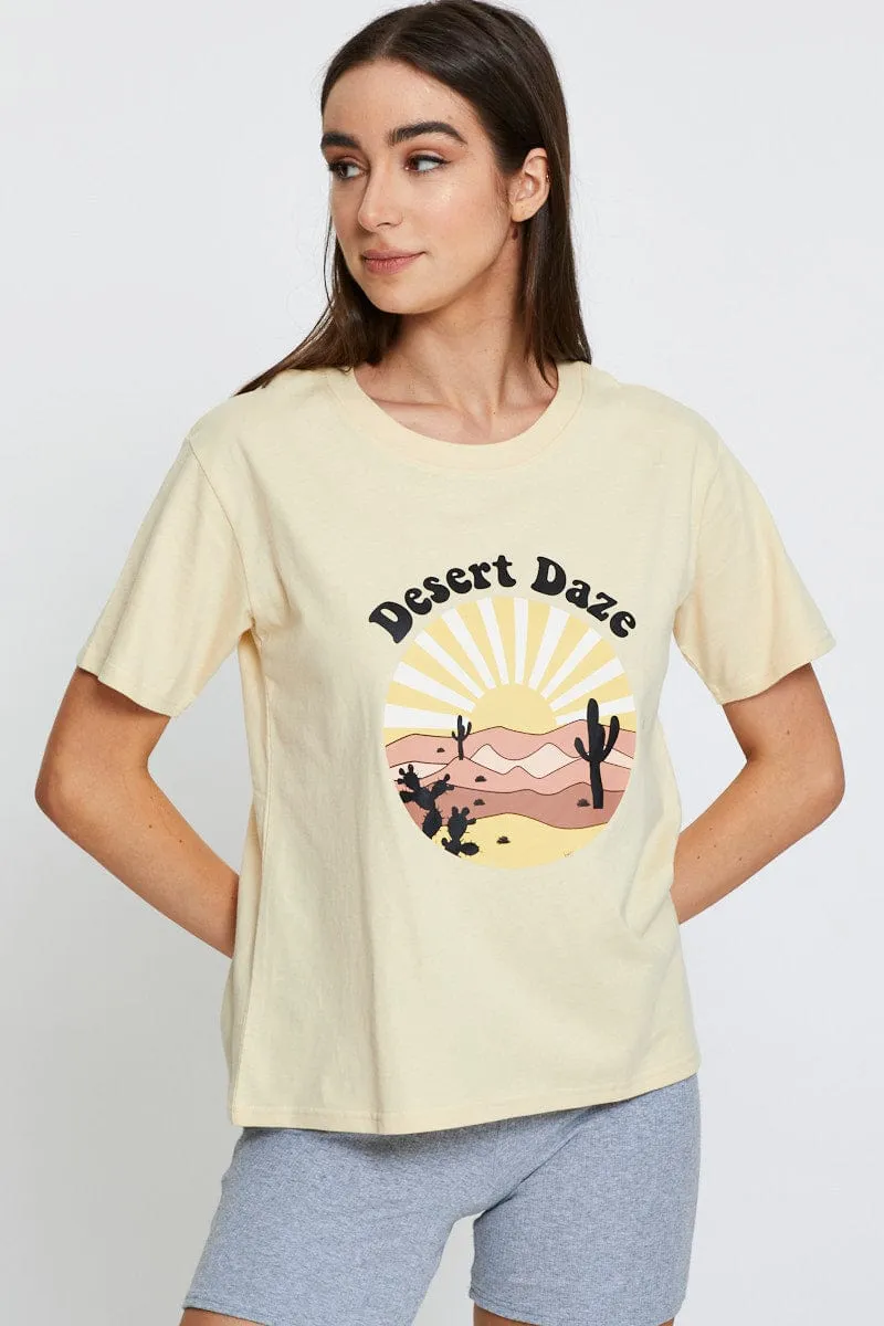 Beige Graphic T Shirt Short Sleeve