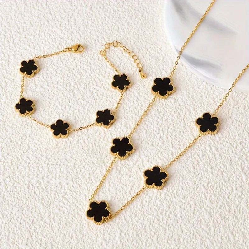 Bracelet & Necklace Chic Jewelry Set 18k Gold Plated Made Of Stainless Steel Luck Flower Design Pick A Color U Prefer Match Daily Outfits Casual Dating Decor