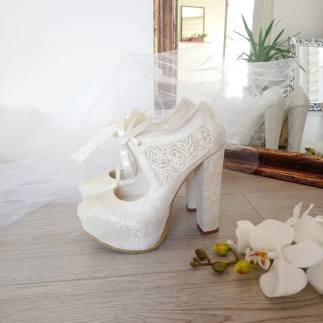 Bridal Lace Chunky Heel Platform Shoes