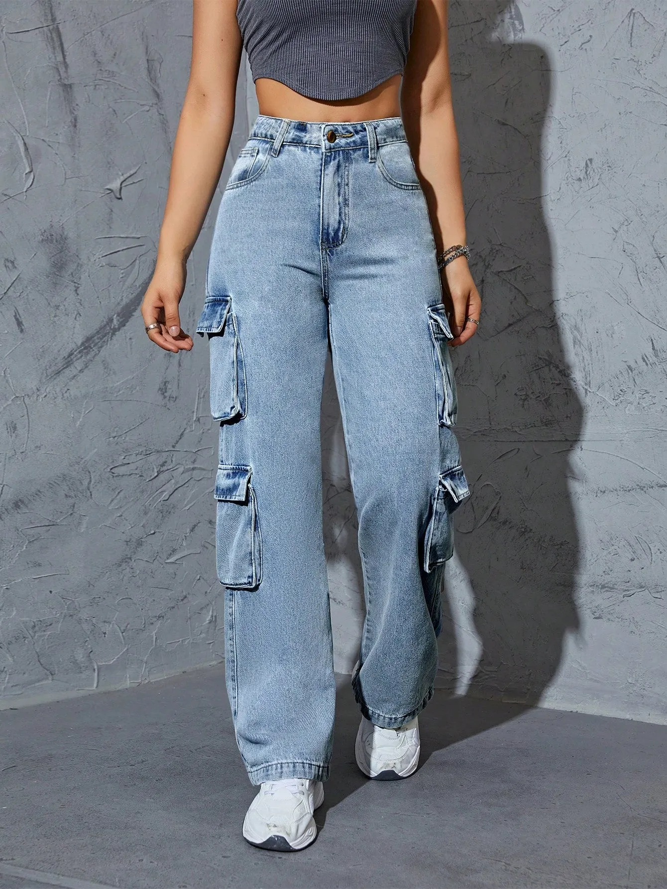 Denim High Waist Flap Pocket Cargo Jeans