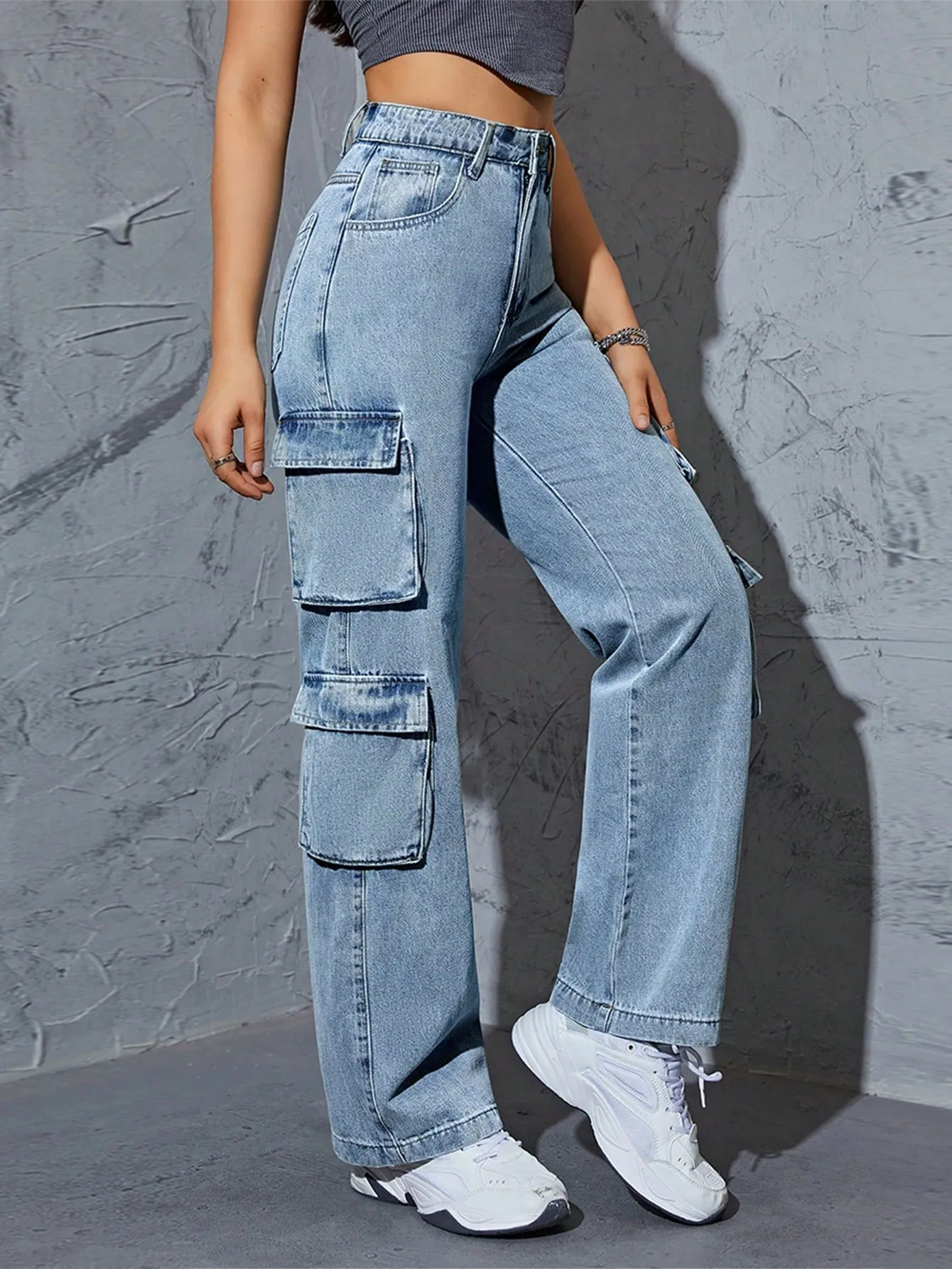 Denim High Waist Flap Pocket Cargo Jeans