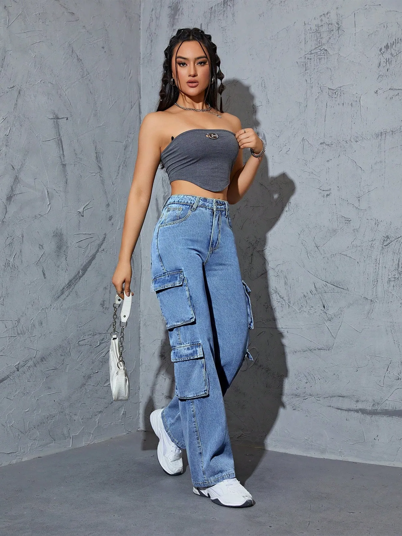 Denim High Waist Flap Pocket Cargo Jeans