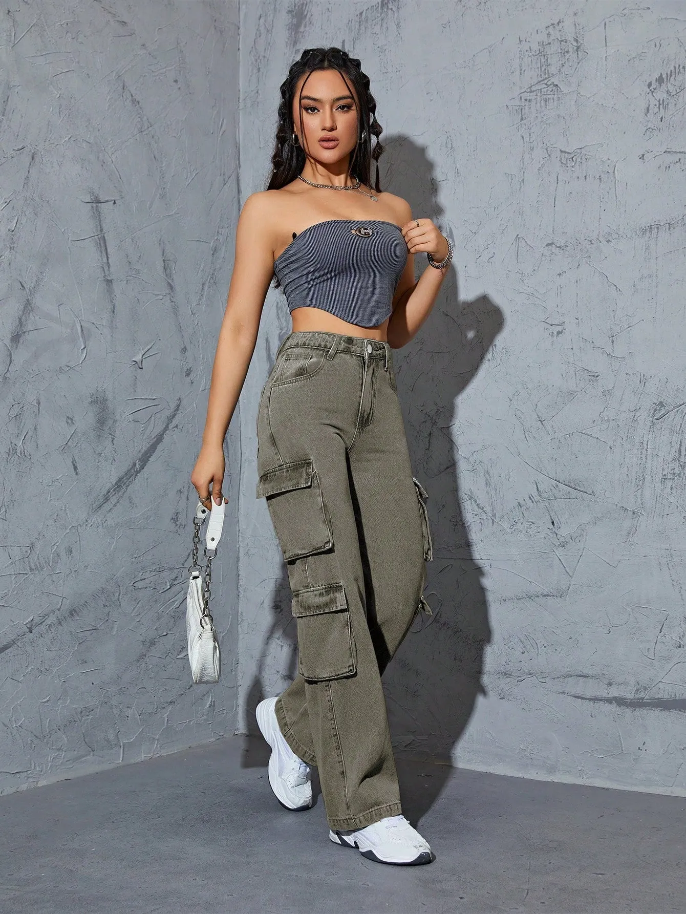 Denim High Waist Flap Pocket Cargo Jeans