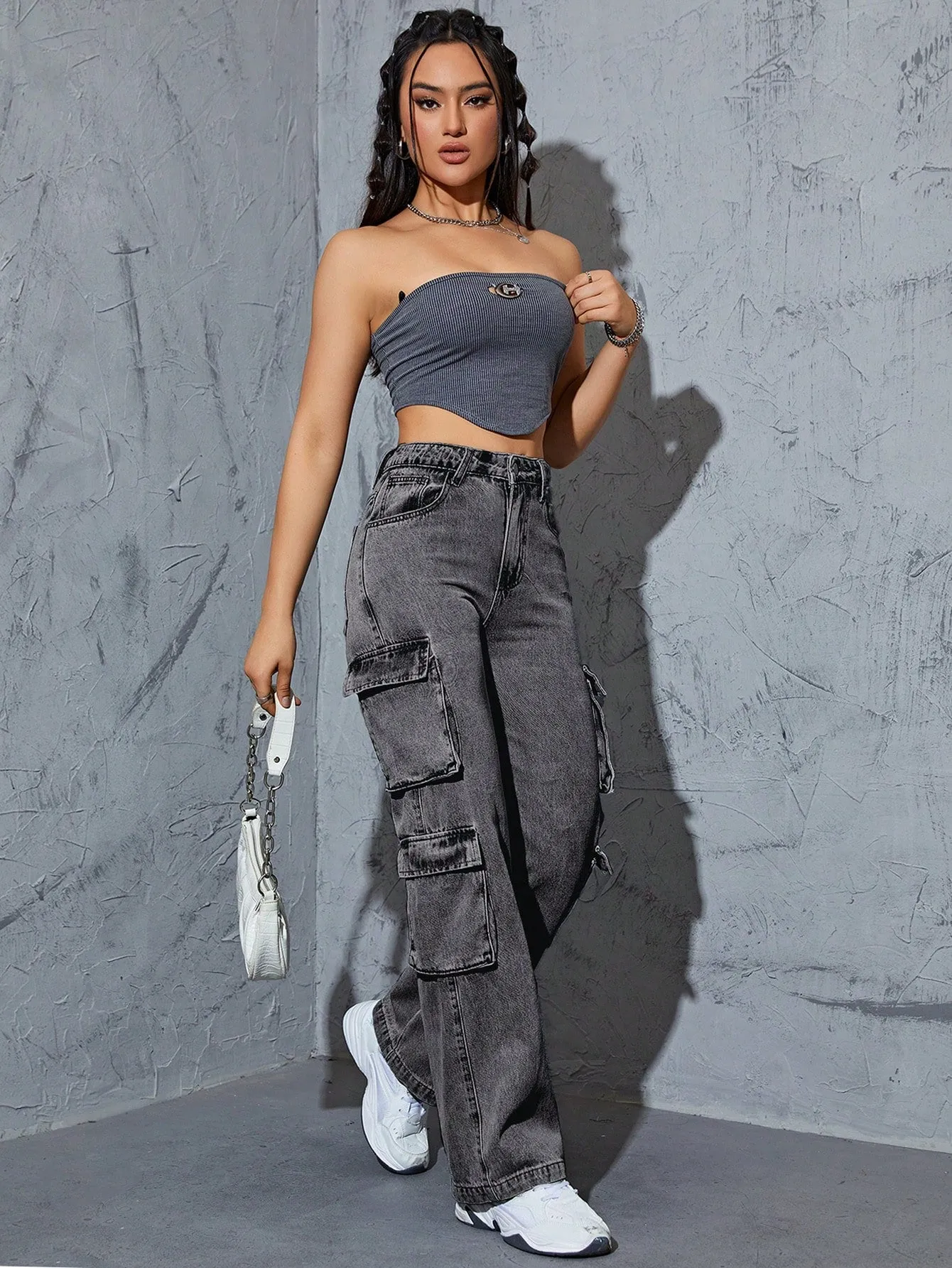 Denim High Waist Flap Pocket Cargo Jeans