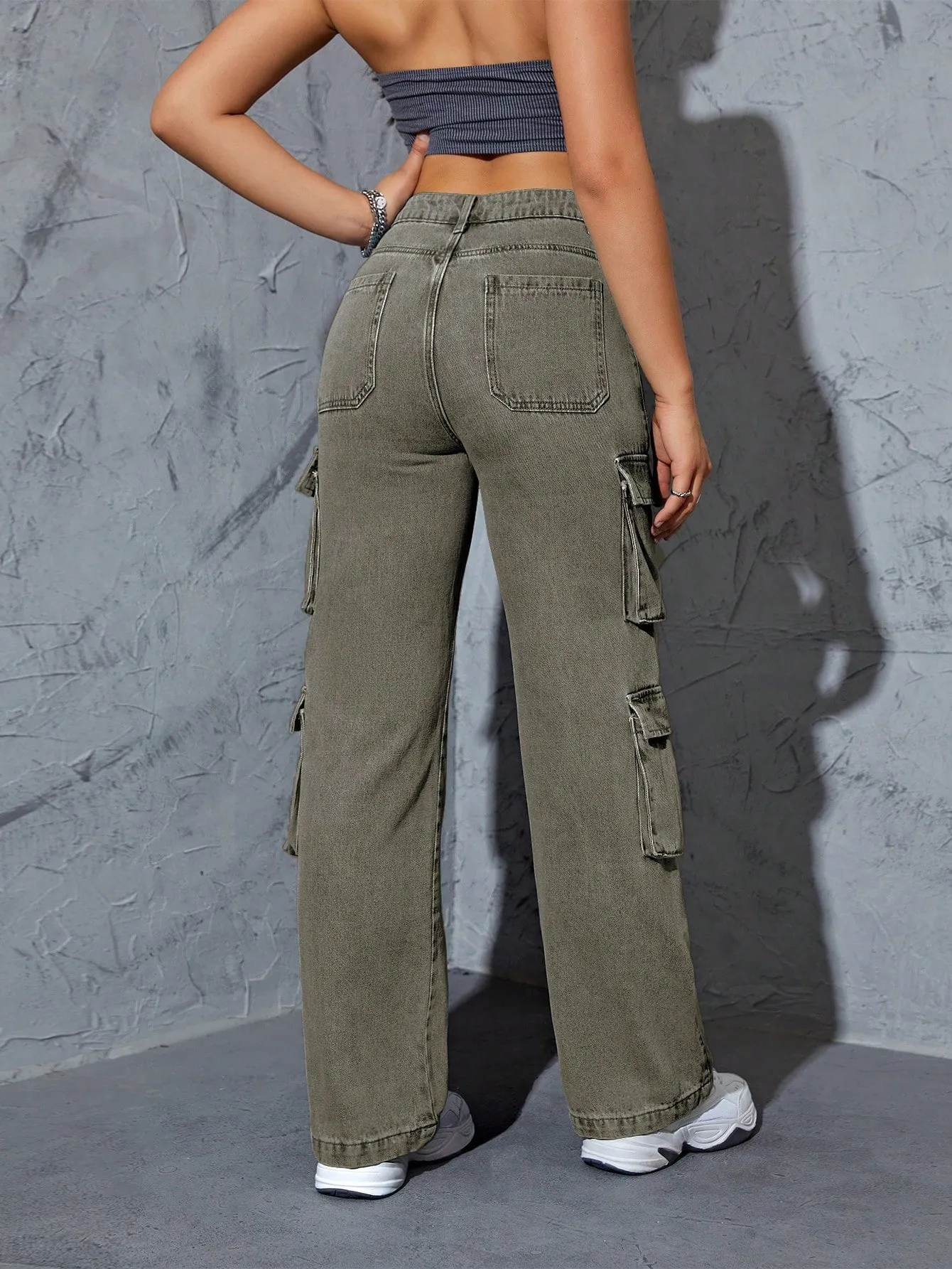 Denim High Waist Flap Pocket Cargo Jeans