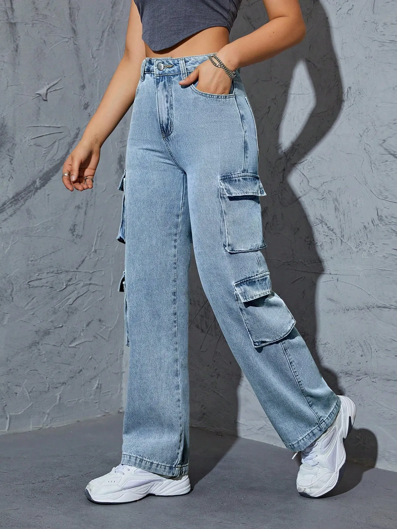 Denim High Waist Flap Pocket Cargo Jeans