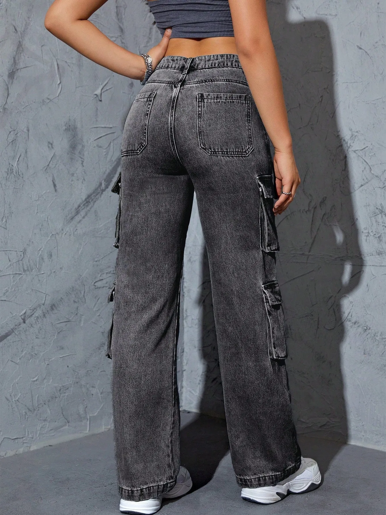 Denim High Waist Flap Pocket Cargo Jeans