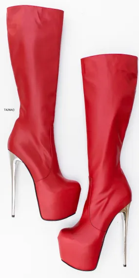 Red Matte Metallic Heel Mid-Calf Boots