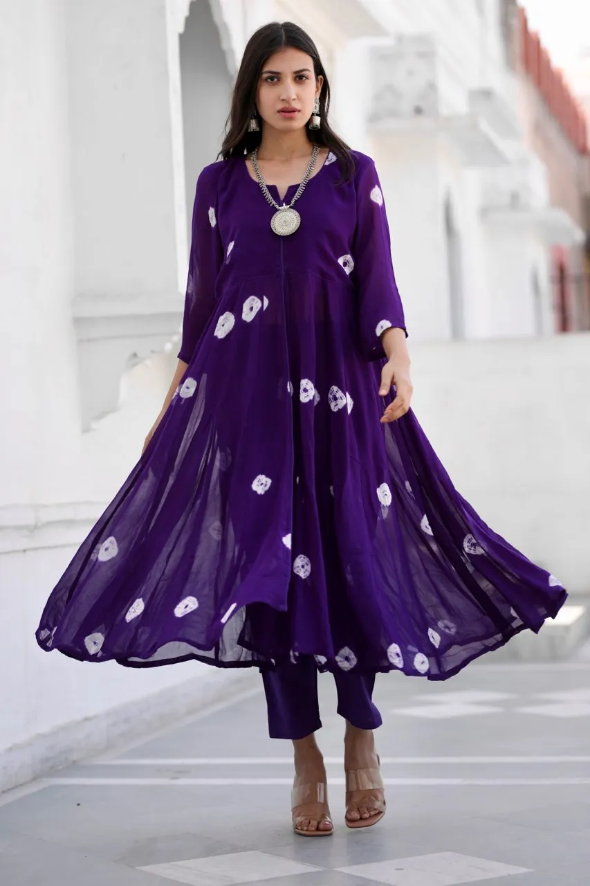 Sabita purple bhandhej anarkali set