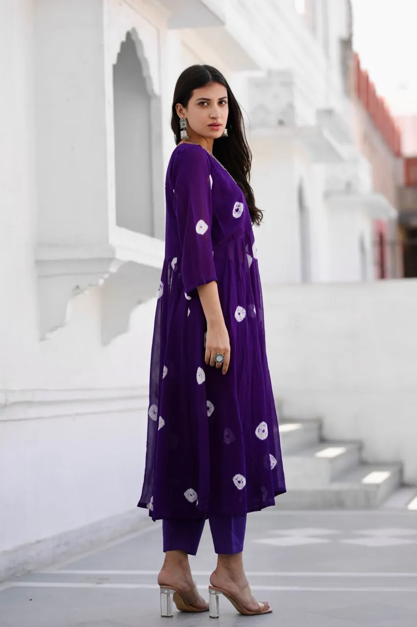 Sabita purple bhandhej anarkali set