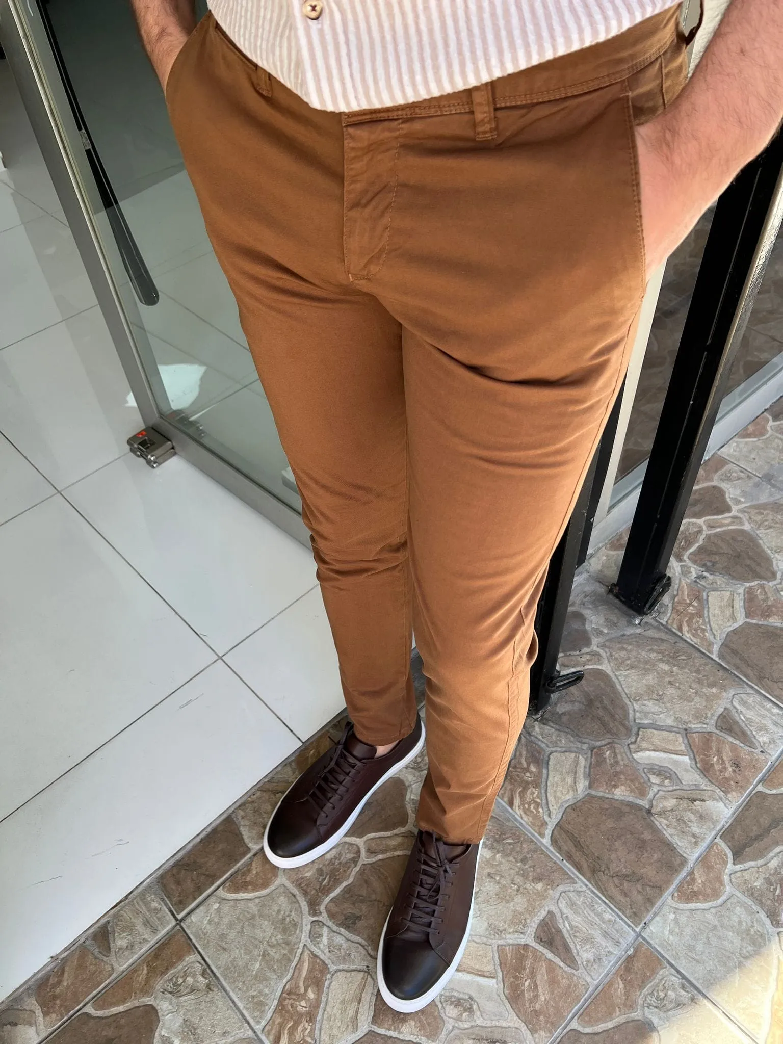 Slim Fit Cotton Camel Pants