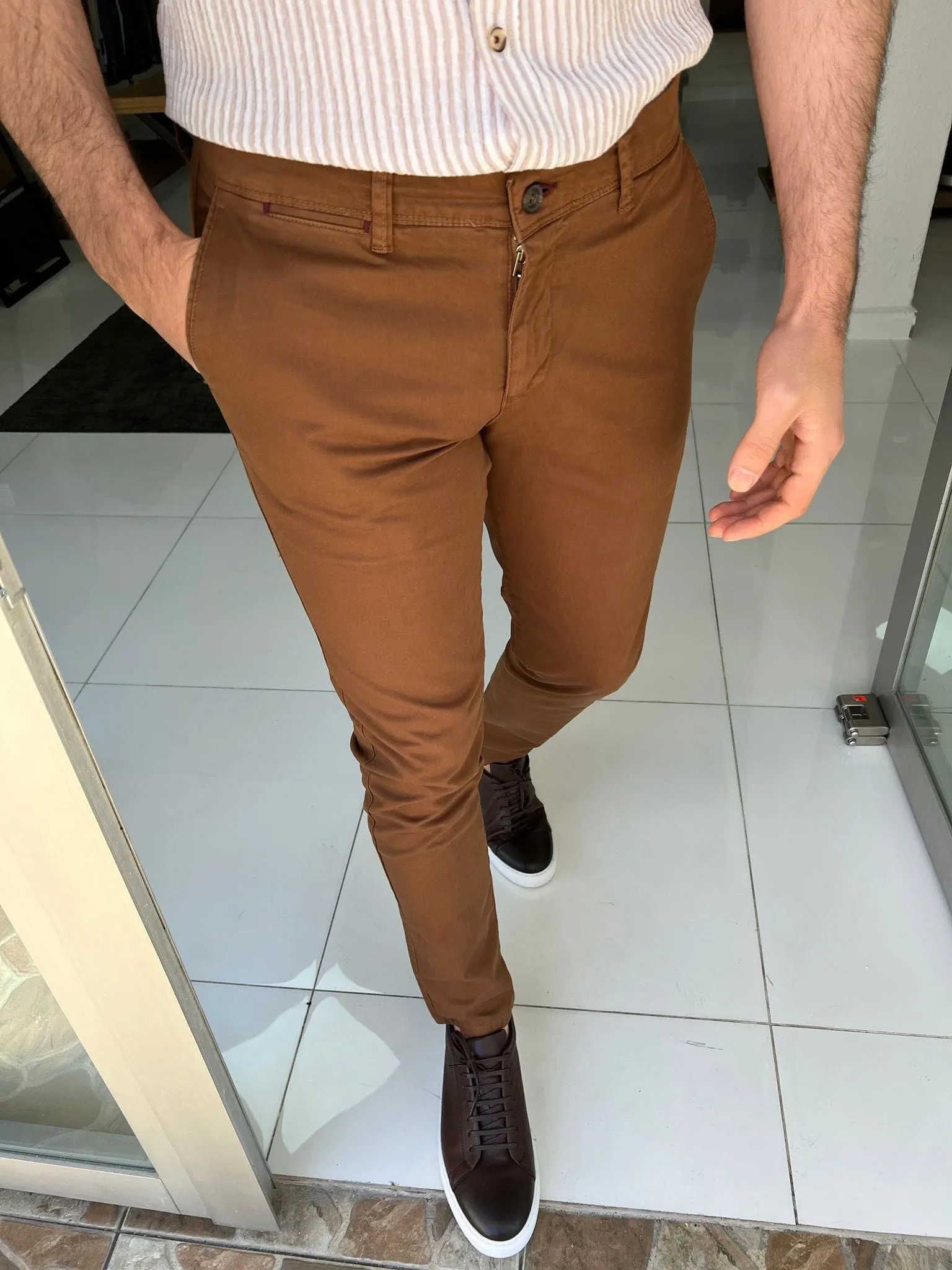 Slim Fit Cotton Camel Pants